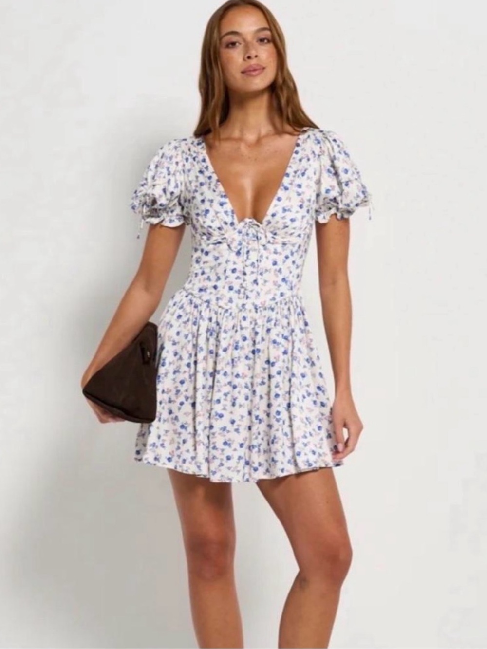 NWT (M/L) For Love & Lemons Paulina dress, blue floral satin, fitted bodice